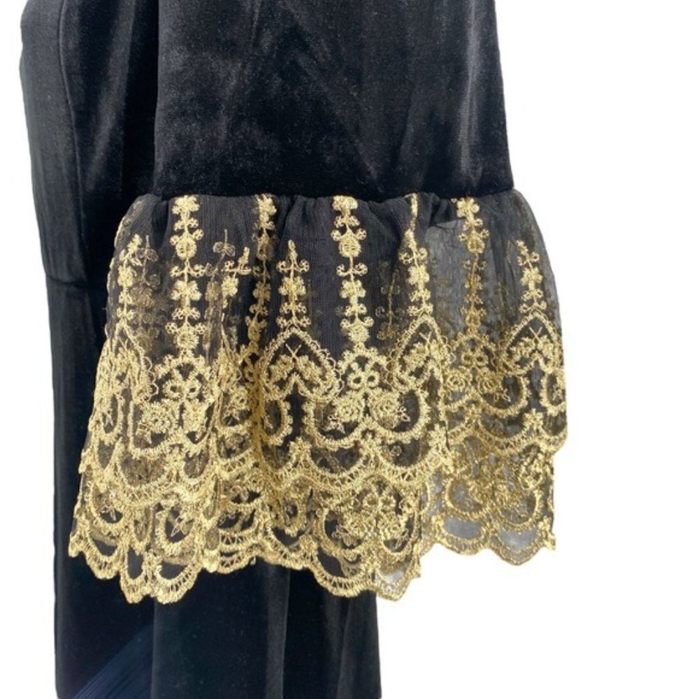 NEW Pomander Place Black Velvet Lillith Gold Embroidered Lace Maxi Dress Size M - Picture 9 of 14
